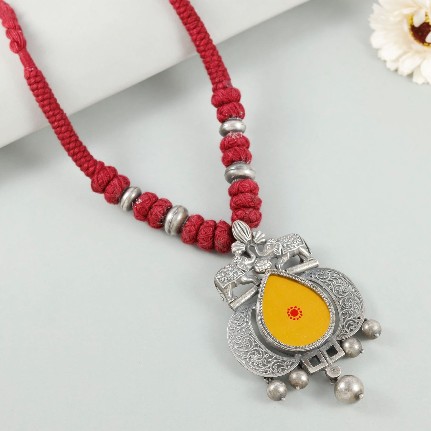 Tara yellow Center and Red Thread Silver Necklace