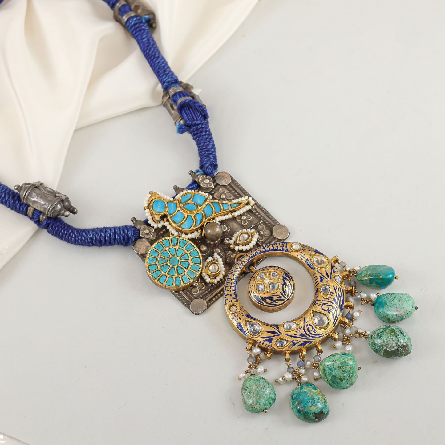 Leela Floral Charm Silver Necklace Blue Thread
