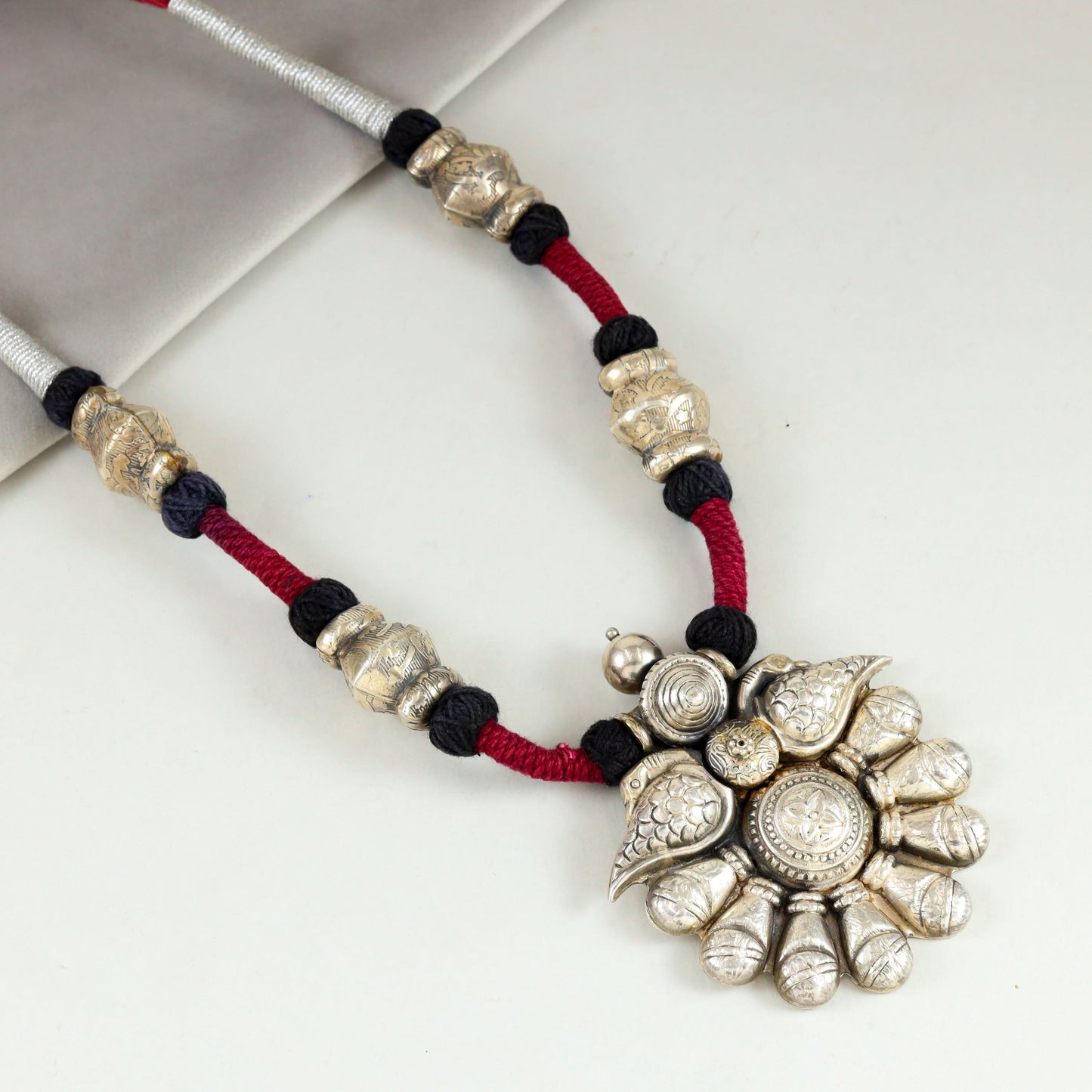 Bold Silver Floral Red Thread Silver Neckale