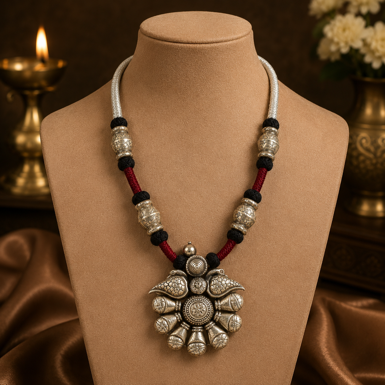 Bold Silver Floral Red Thread Silver Neckale
