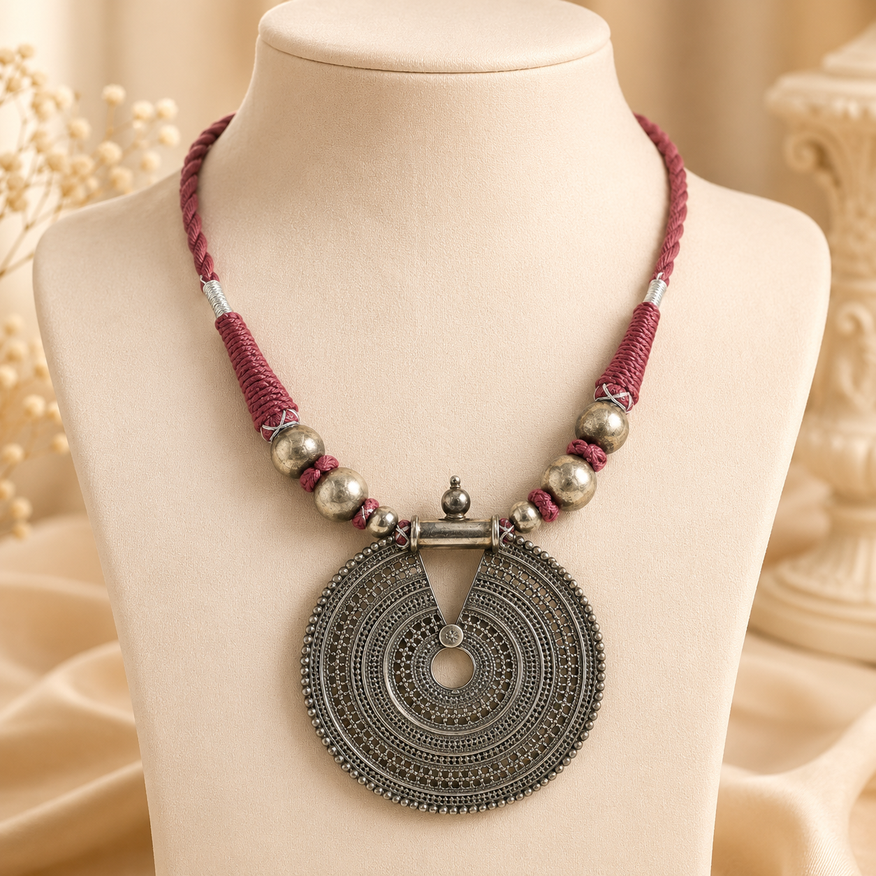 Red Thread Antique Silver Beads Necklace