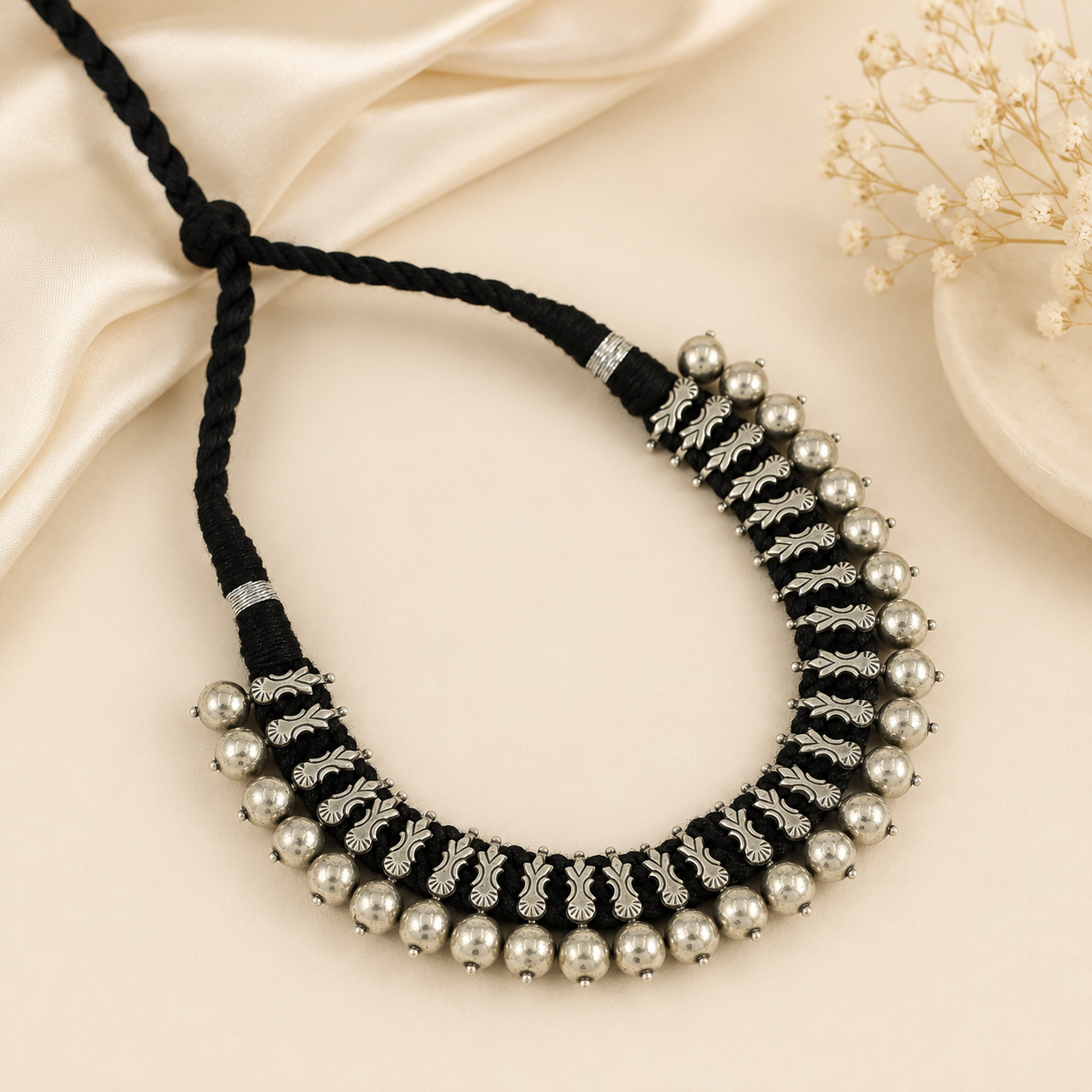 On Black Beads Thread Silver Necklace