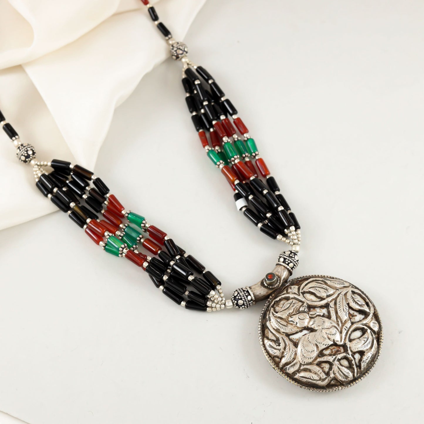 Elegant Silver Necklace With Multicolored Beads