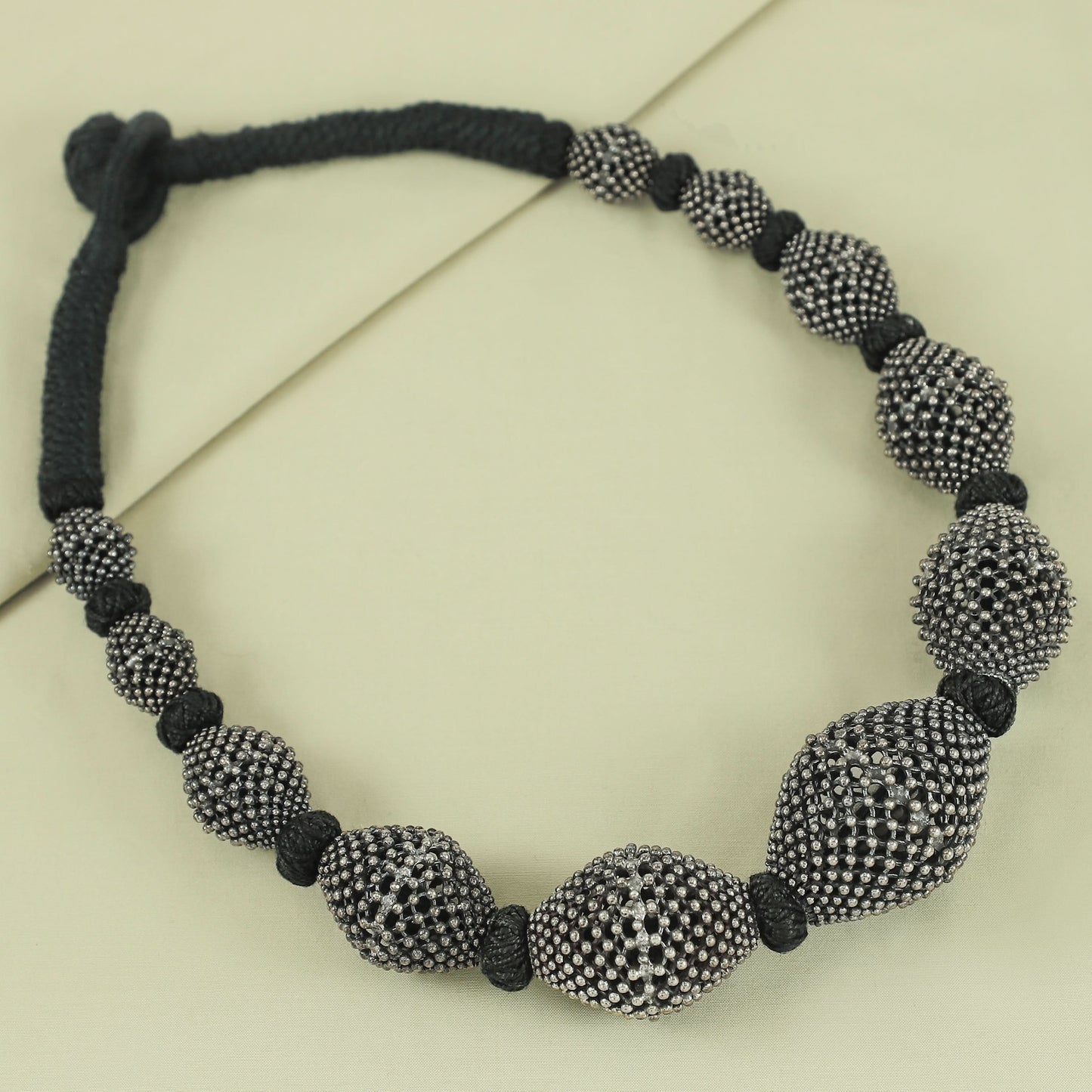 Beads On Black Thread Silver Necklace