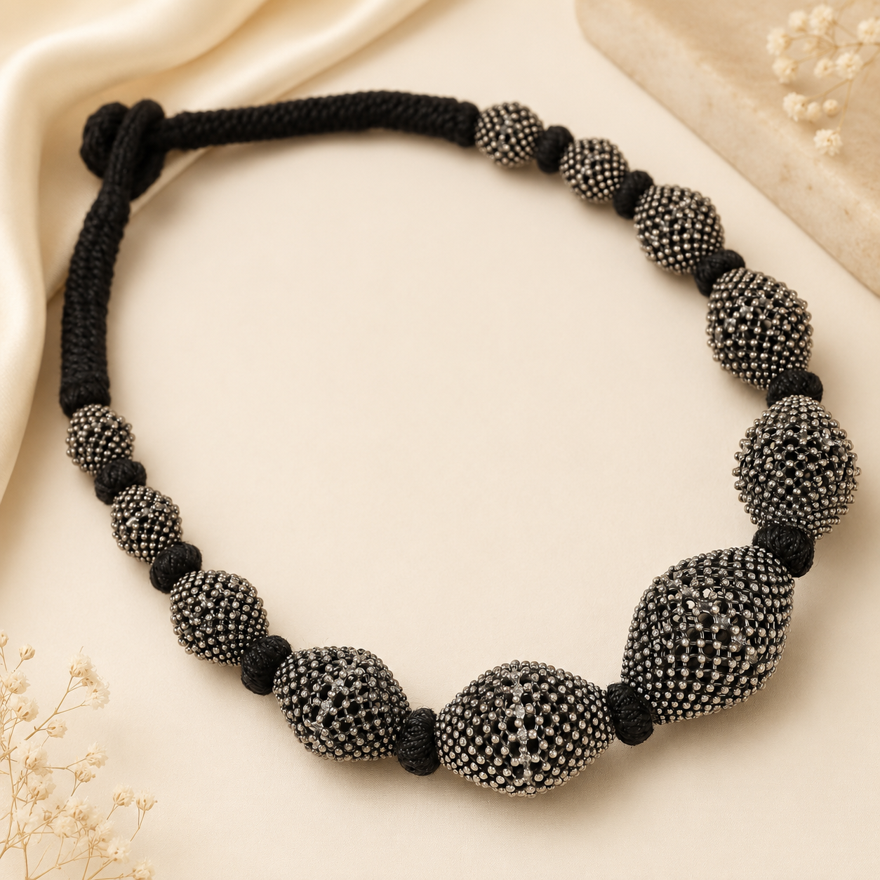 Beads On Black Thread Silver Necklace