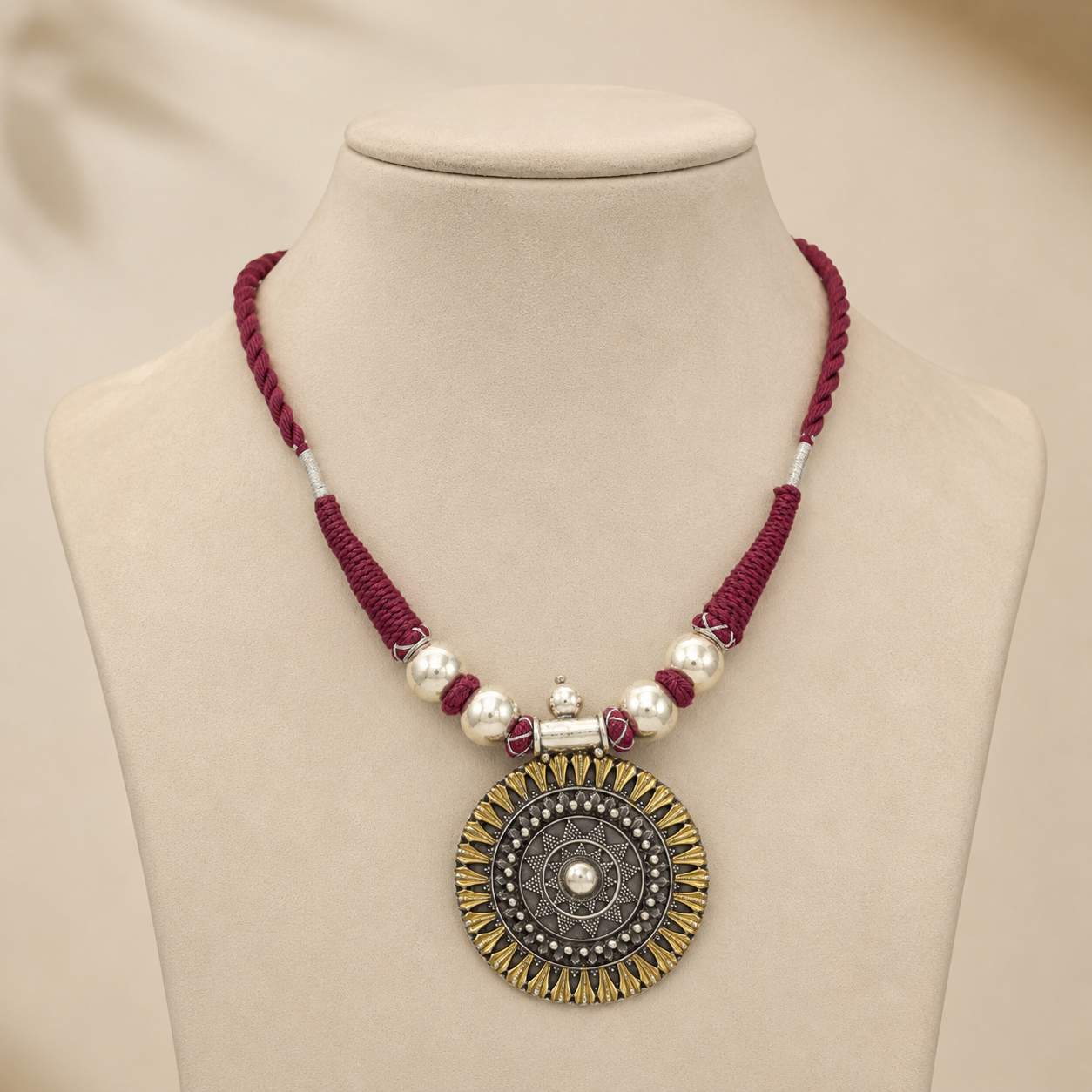 Bold Dual Tone Maroon Thread Silver Necklace