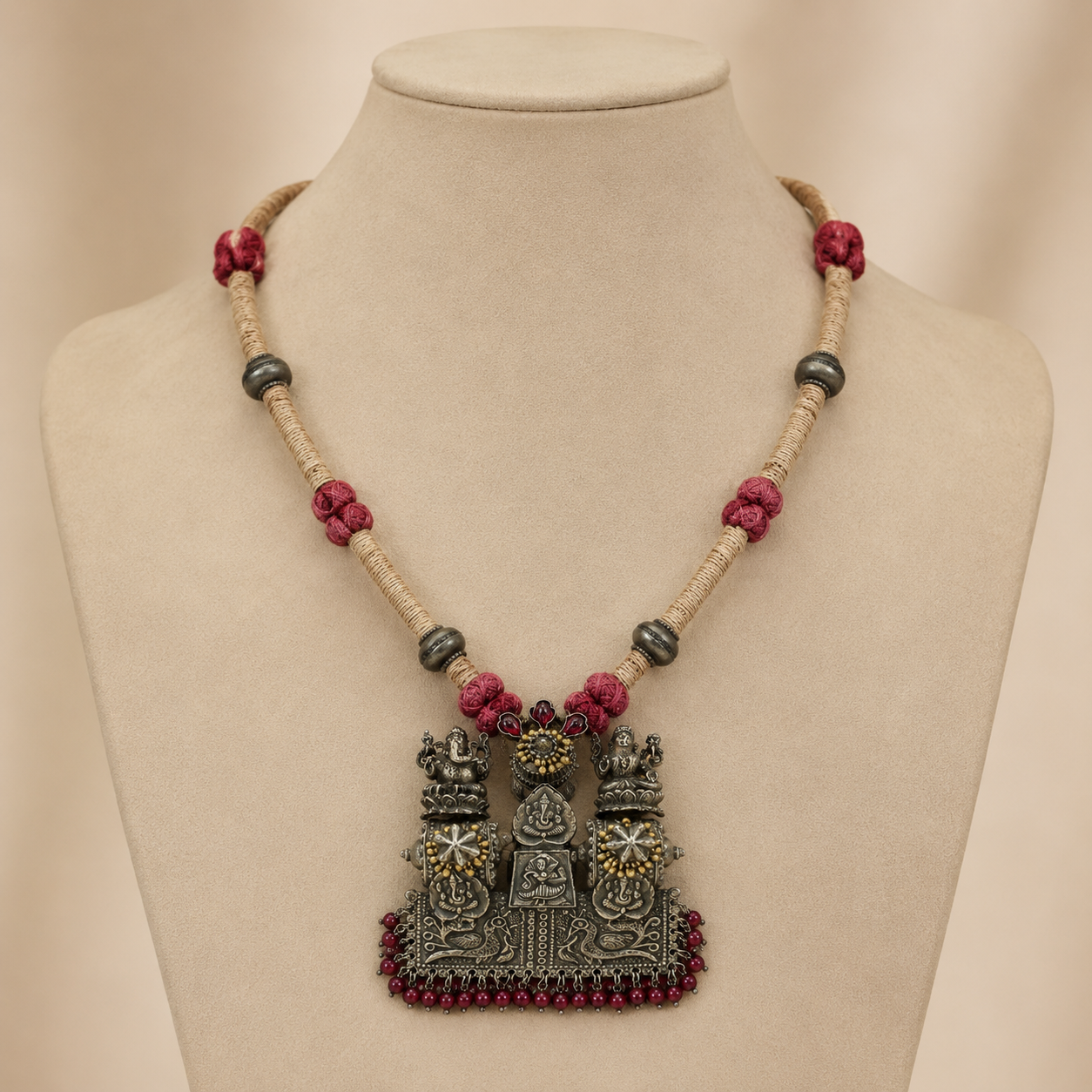 Ganesha Lakshmi Red Beads Silver Necklace