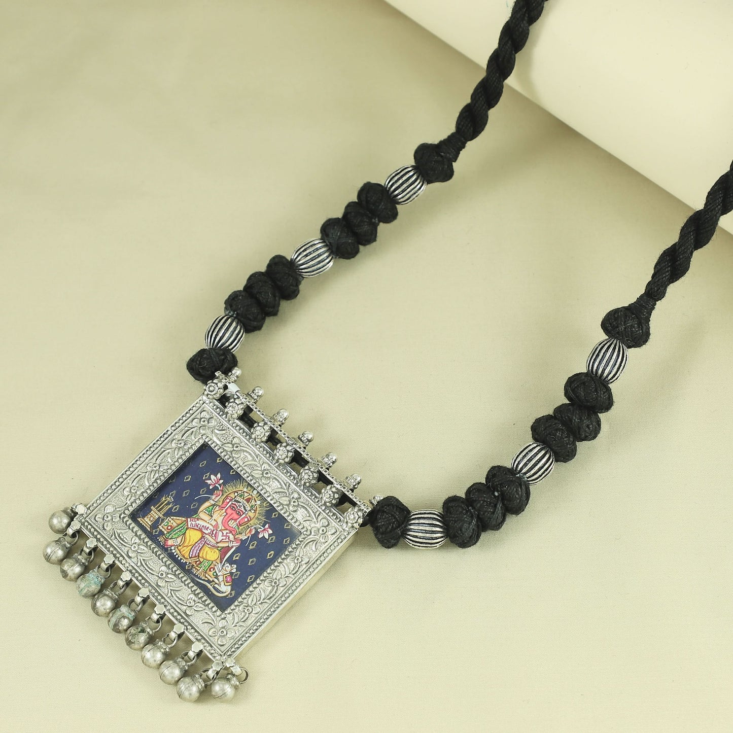 Ganesha painting With Thread Silver Necklace