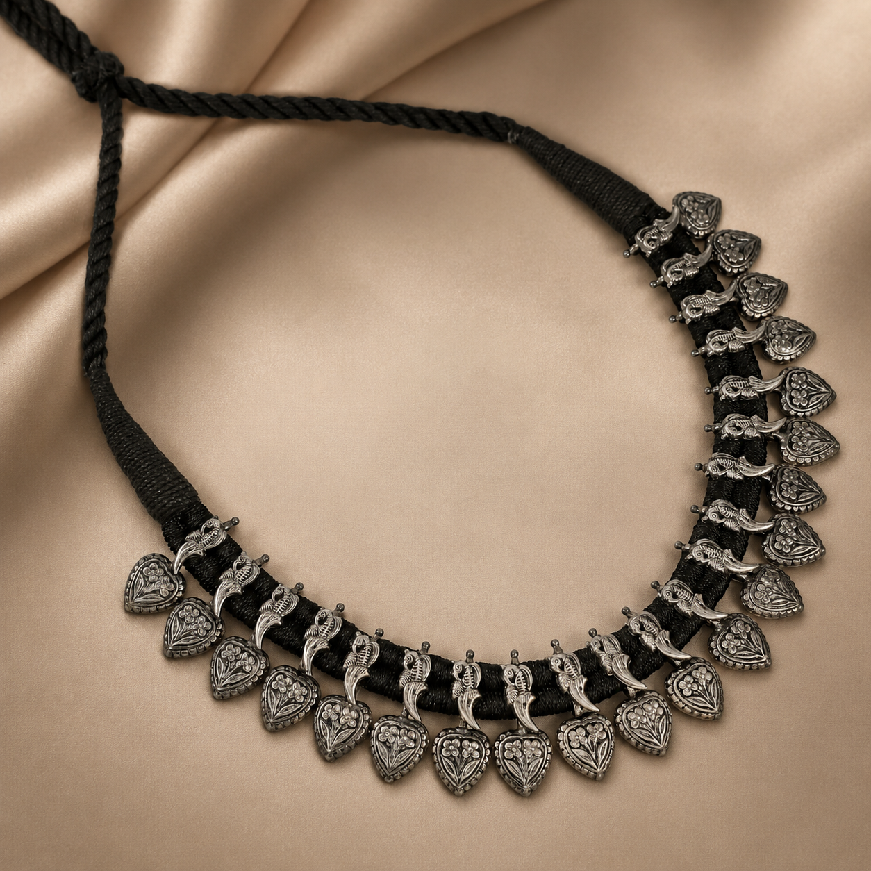 Tribal Elegance Handwoven Thread Silver Necklace