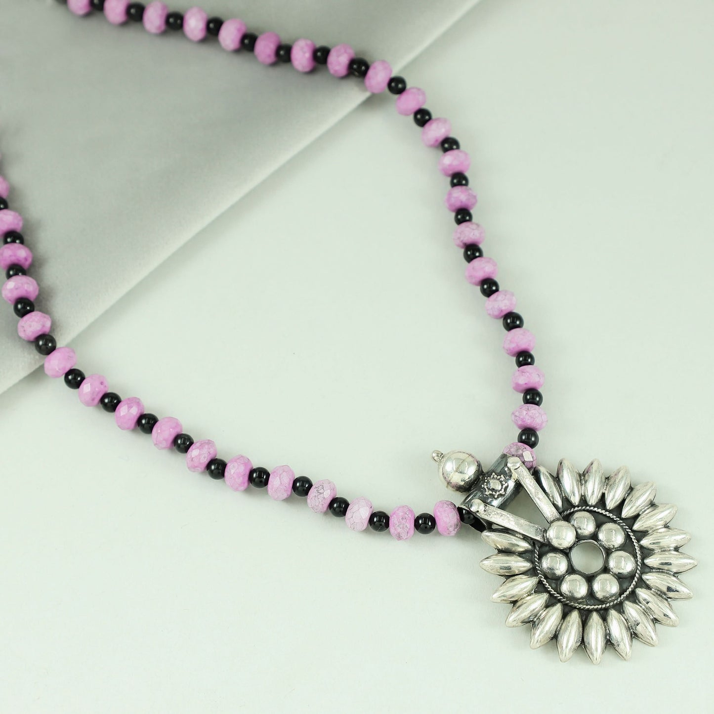 Sunburst Pink Black Beaded Silver Necklace