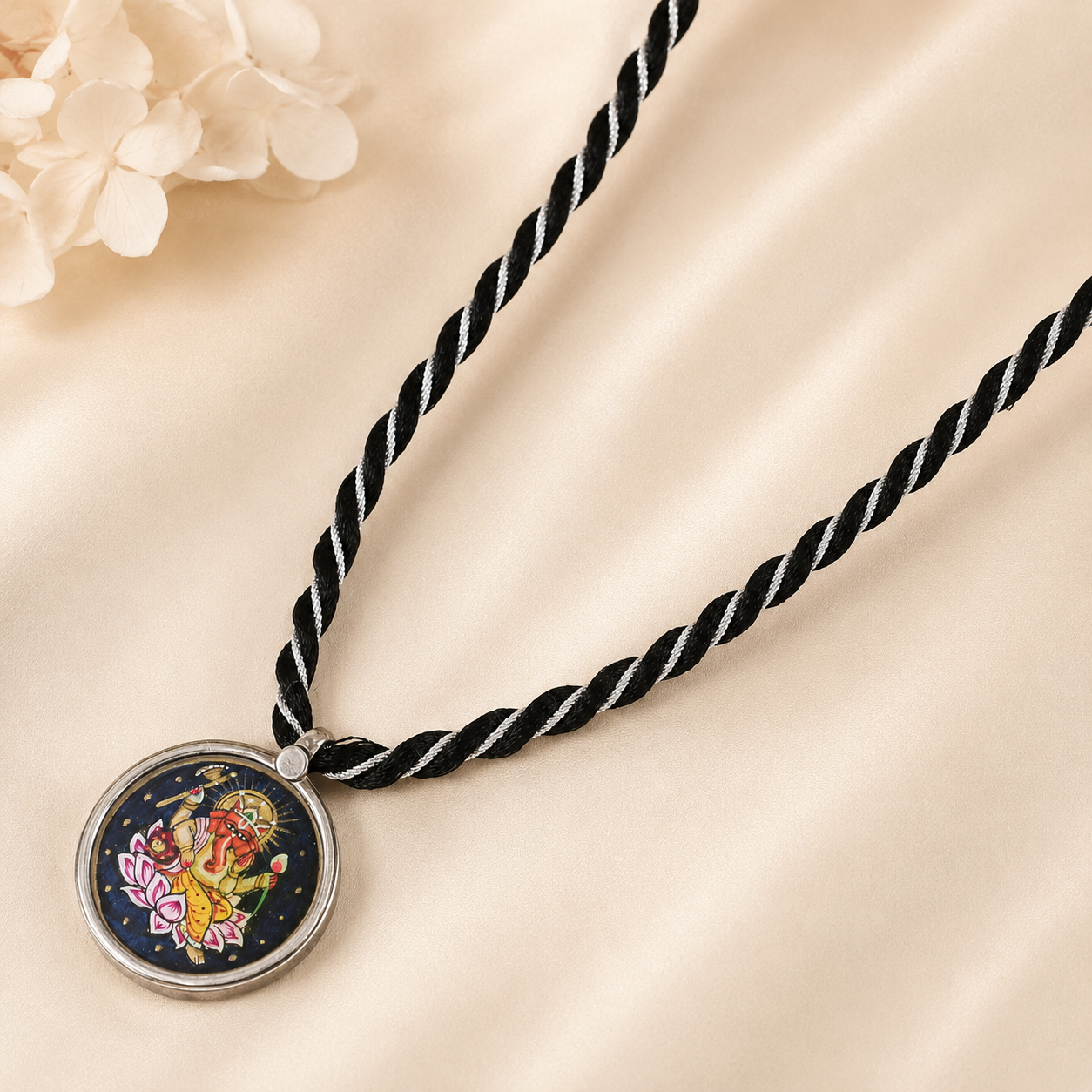 Vinayaka Shringar Black Thread Silver Necklace