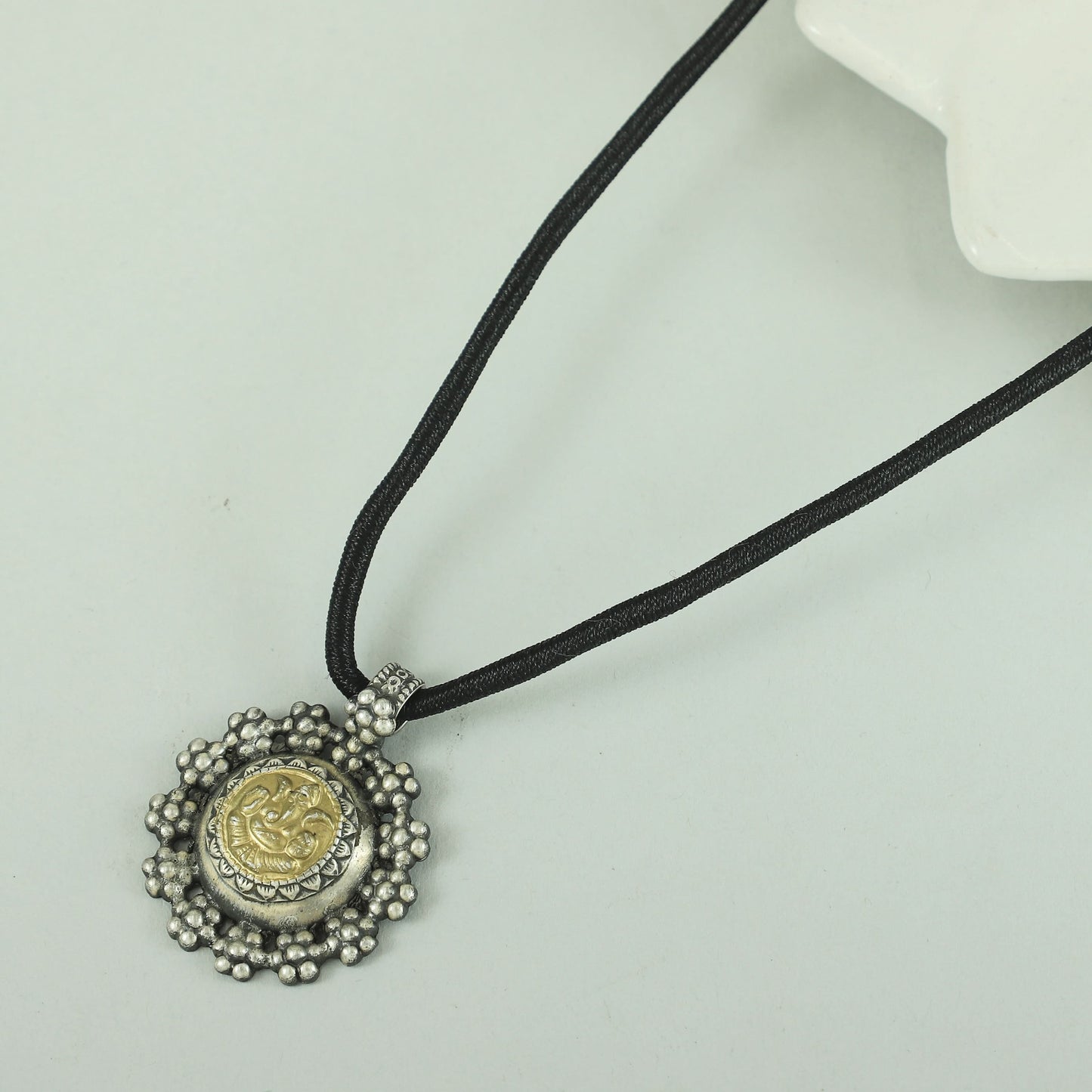 Elegant Ganesh Black Thread Silver Necklace