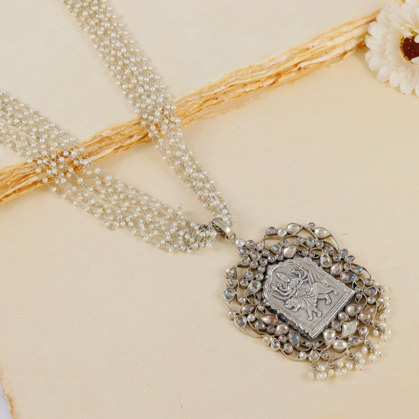 Durga With Delicate pearl Chains Silver Necklace