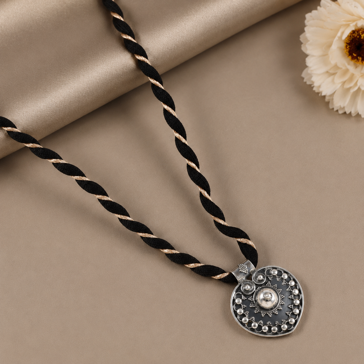 Elegant Silver Heart Black Thread Necklace