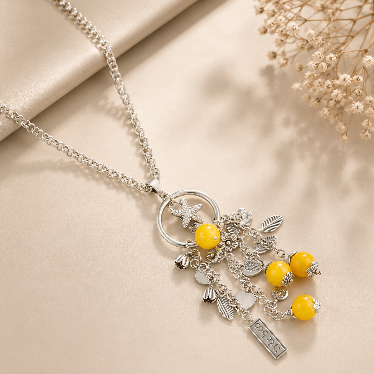 Esha Yellow Beads Charms Silver Necklace
