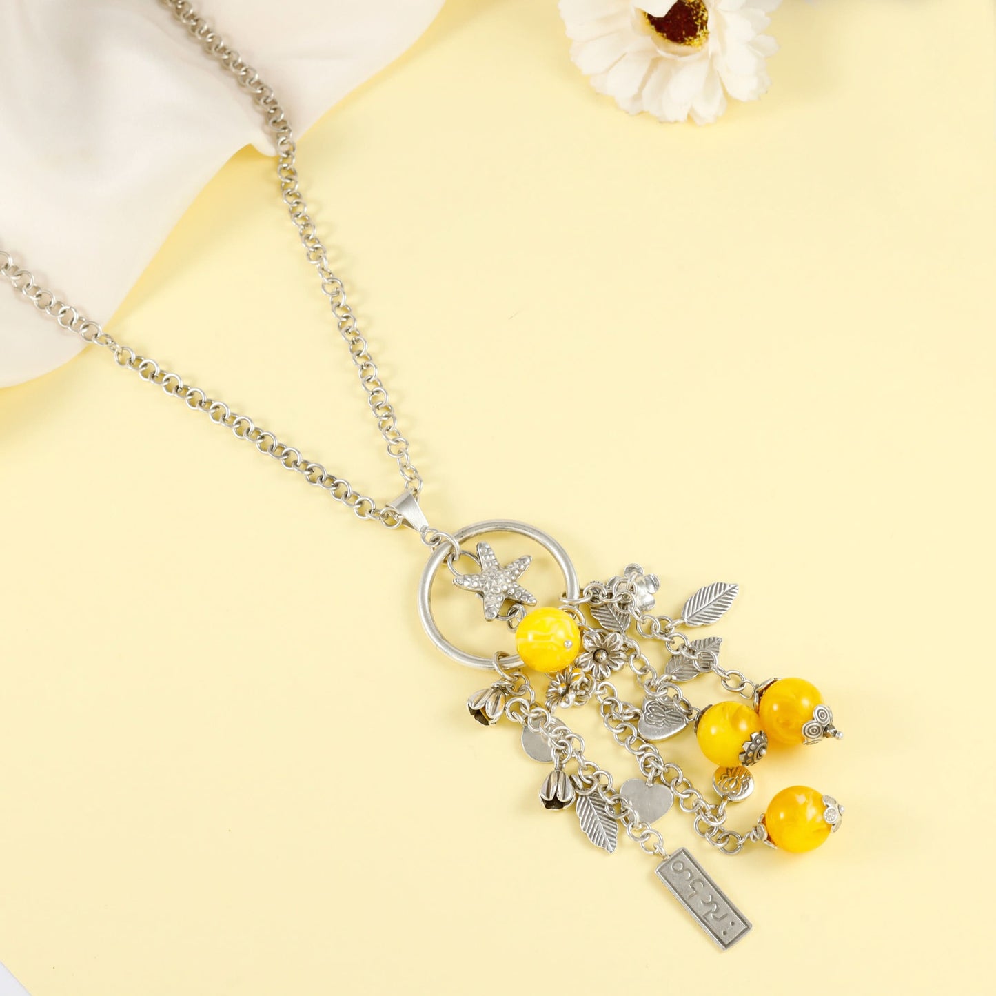 Esha Yellow Beads And Charms Silver Necklace