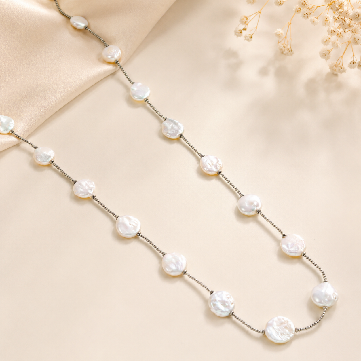 Hina lustrous Pearl Discs Silver Necklace