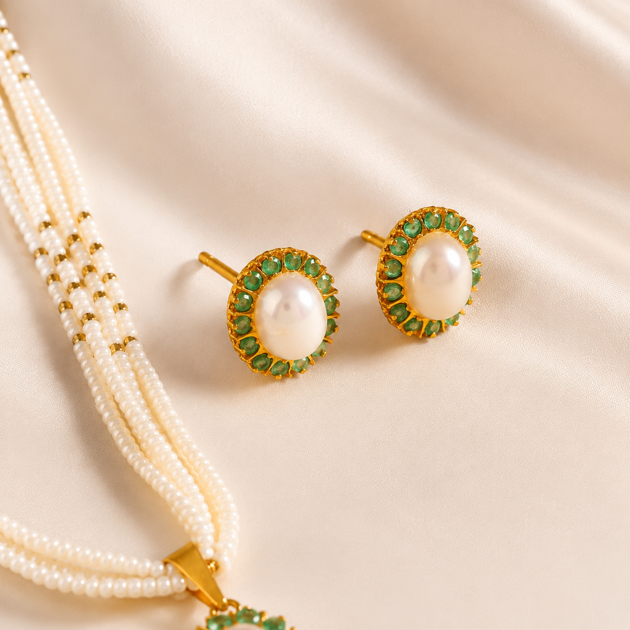 Anvika Green Stone Pearl Gold Necklace Set