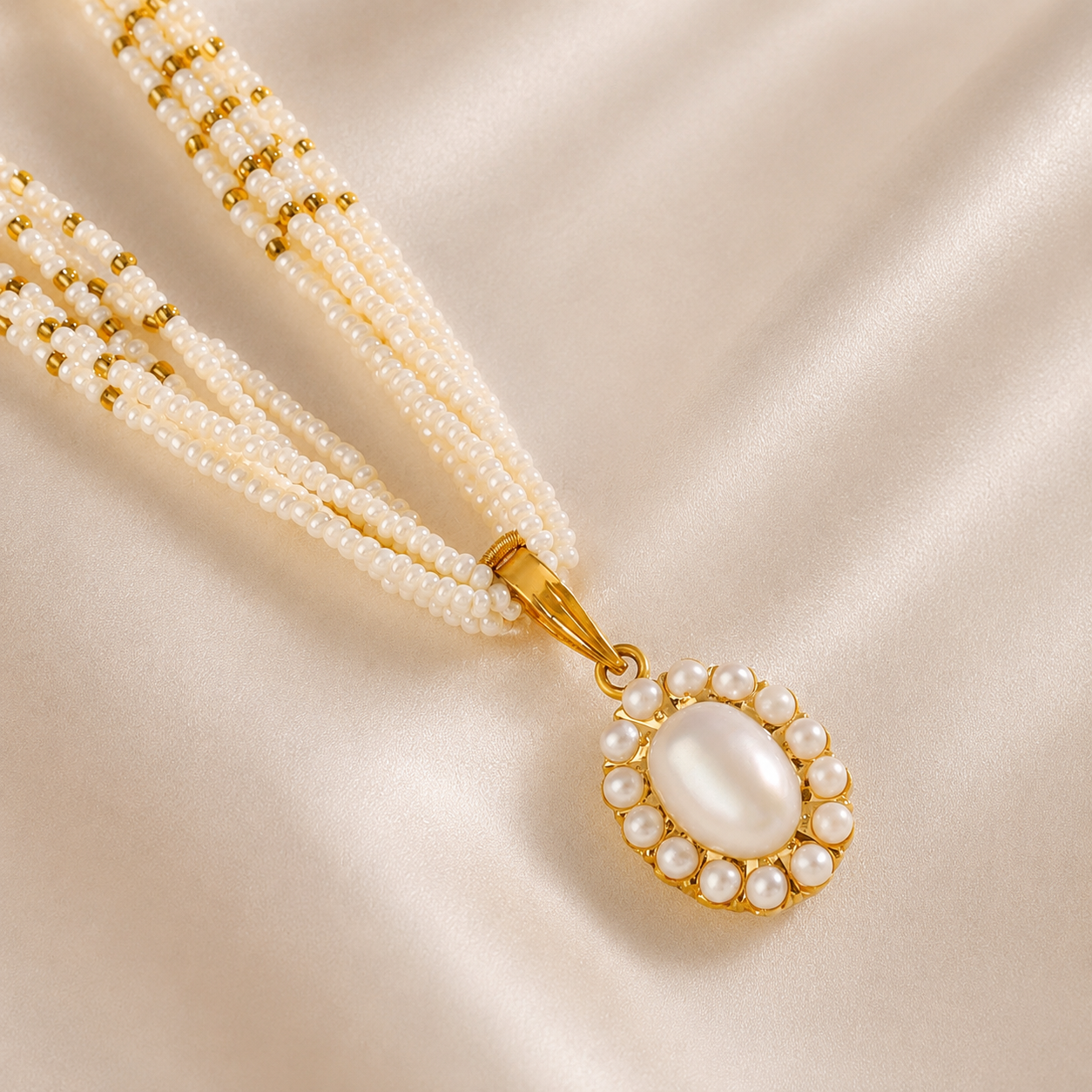 Tara Cluster Pearl Pendant Gold Necklace Set