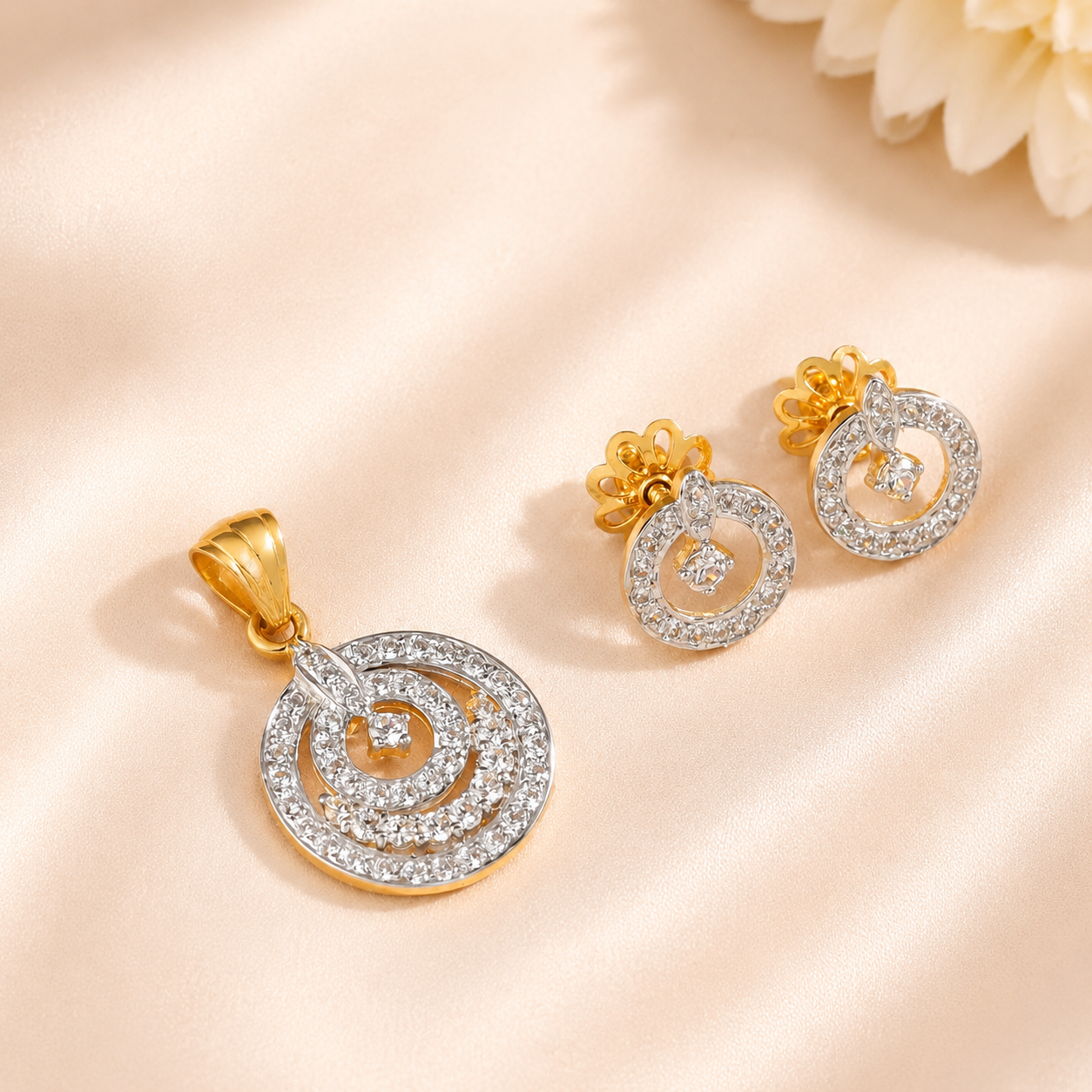 Nandini White Crystals Circular Gold Pendant Set