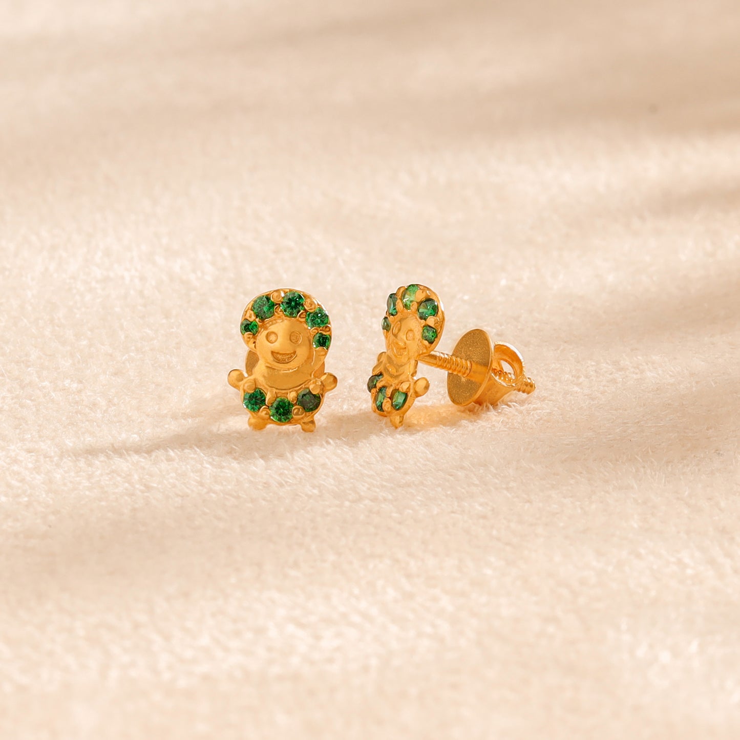Green Gem Teddy Gold Earrings For Kids