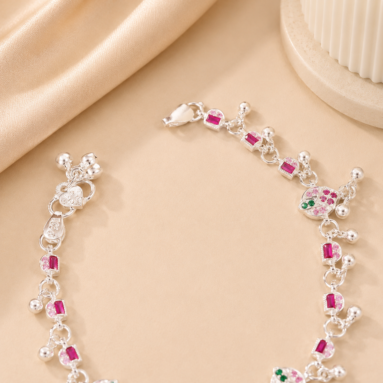 Juhi Pink Charm Silver Anklets