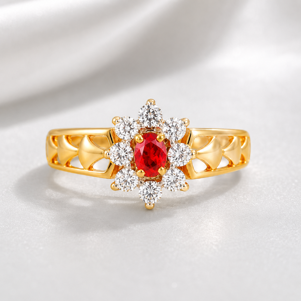 Floral Sparkle With Ruby Charm Gold Ring