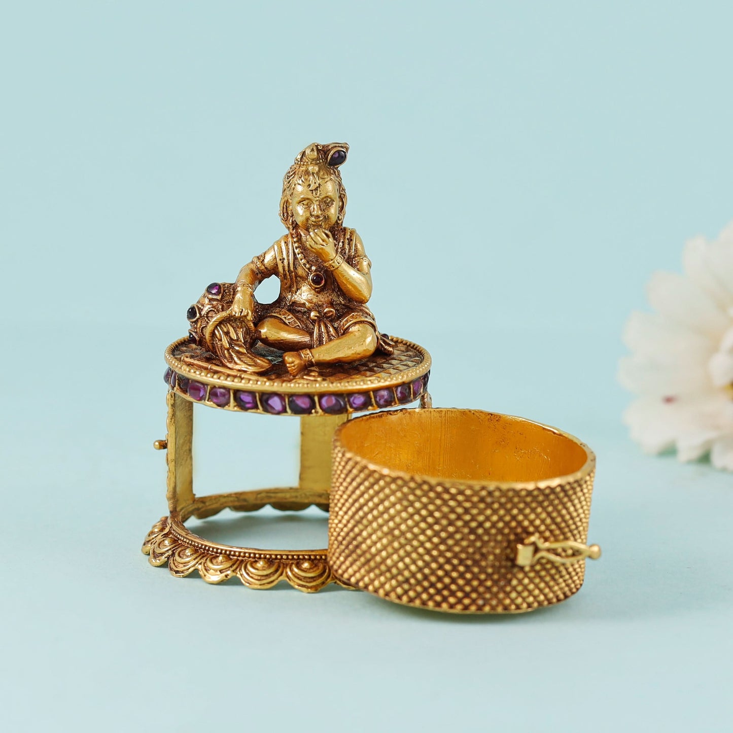 Gold Plated Lord Krishna Silver Sindur Box