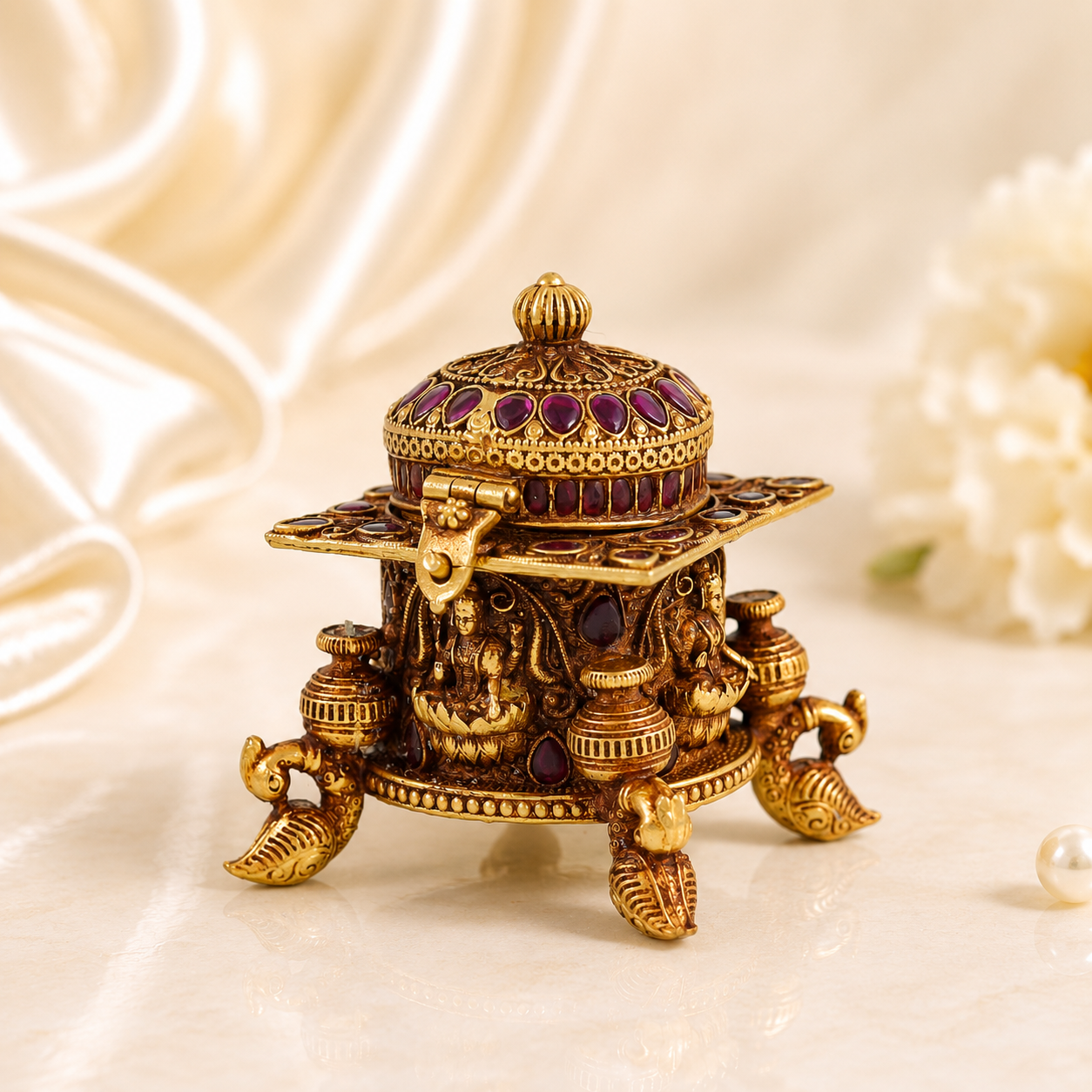 Denique Brass Silver Sindoor Box