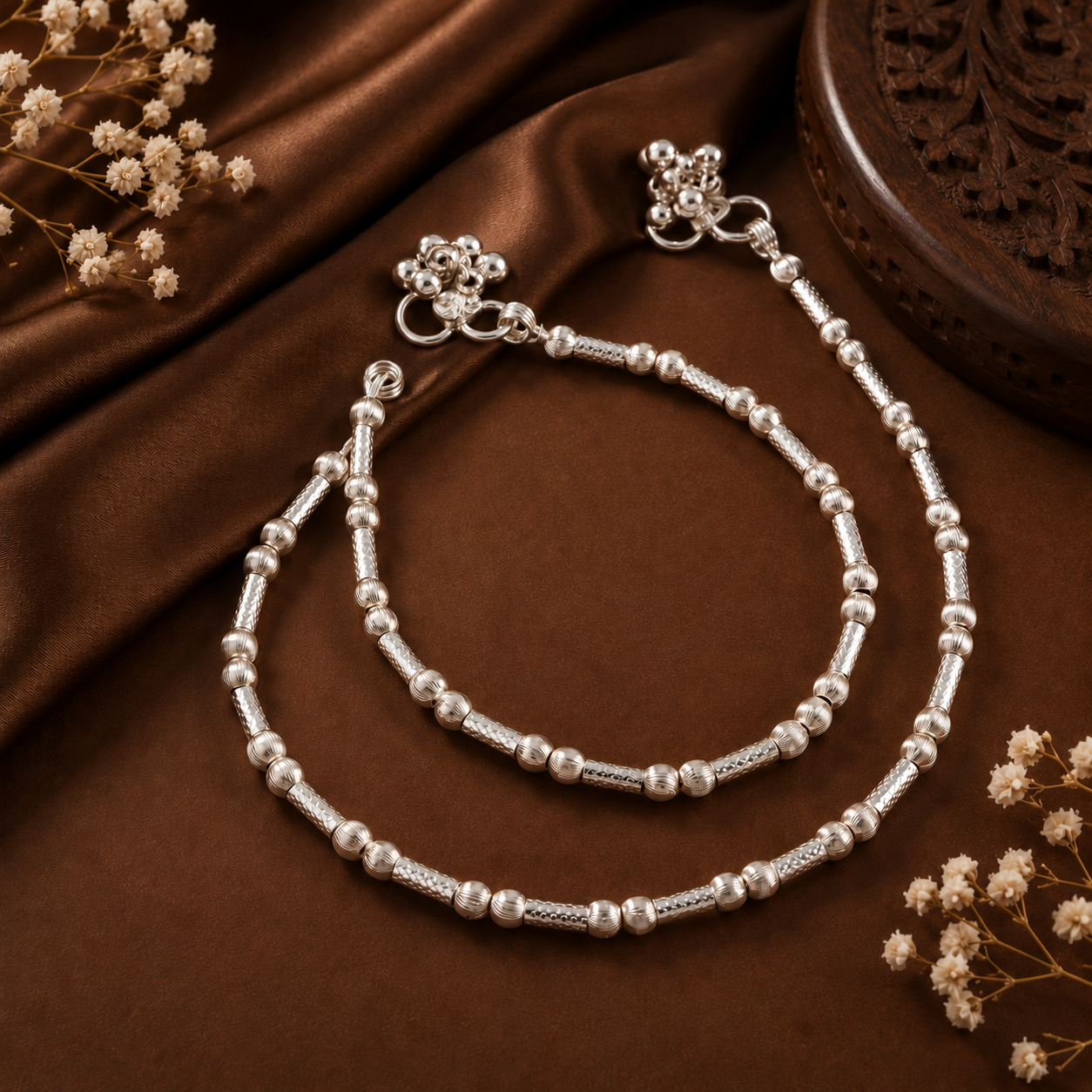 Rupali Regal Bead Silver Anklets