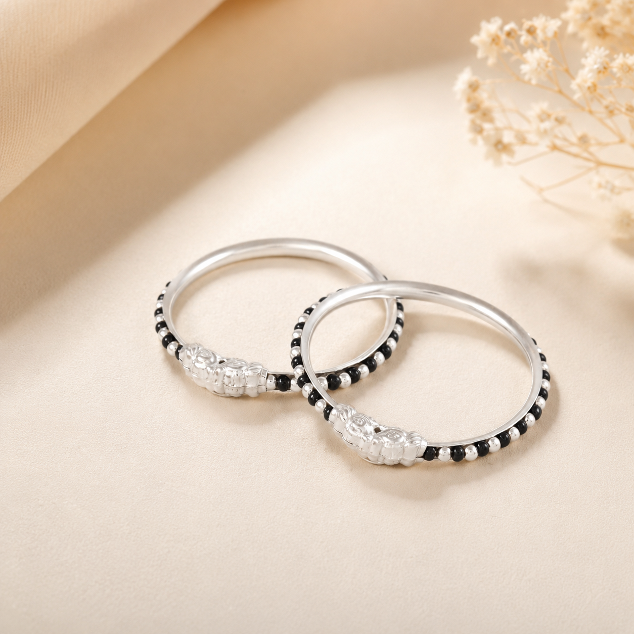 Black Bead Silver Baby Bangles