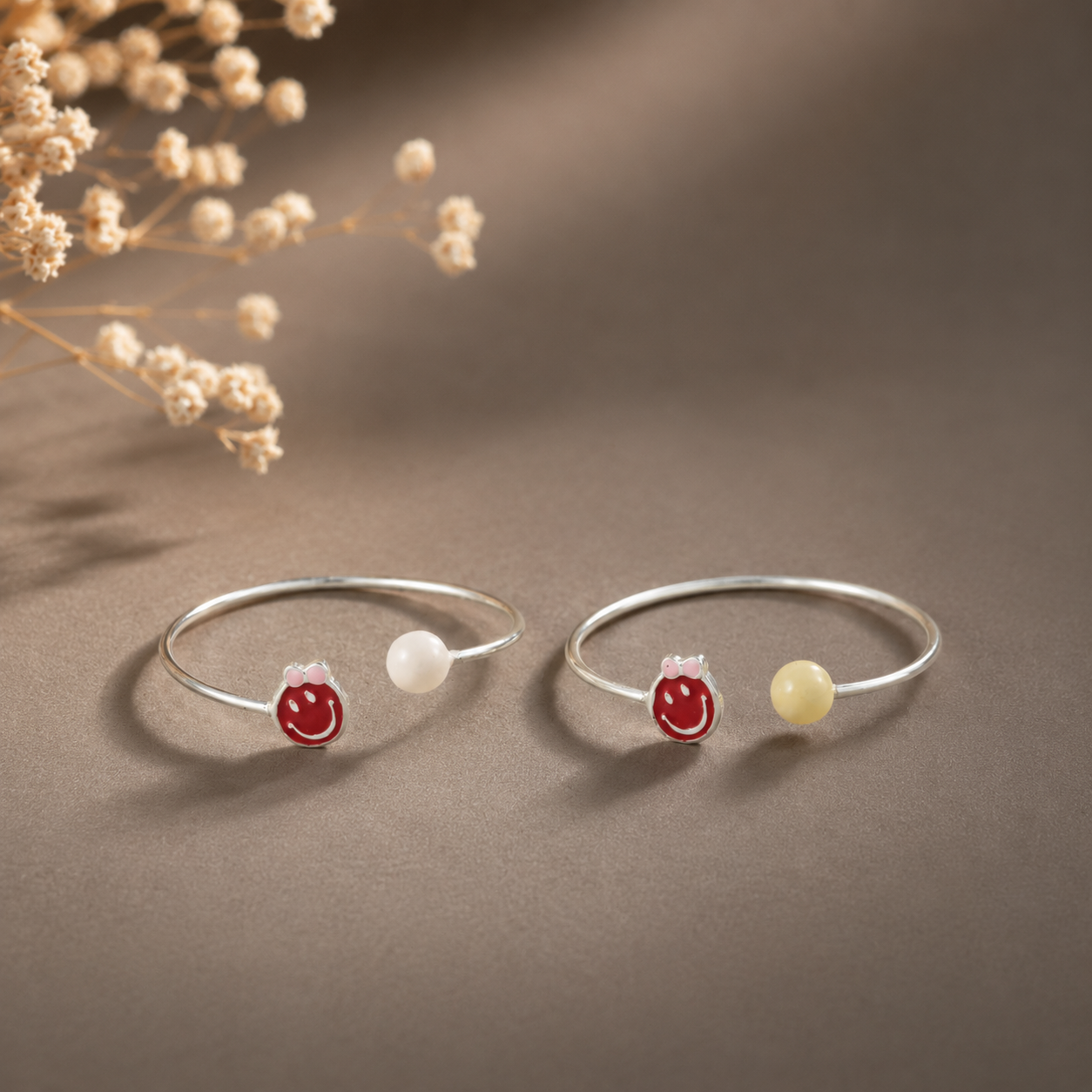 Smiley Pearl Silver Baby Bangles