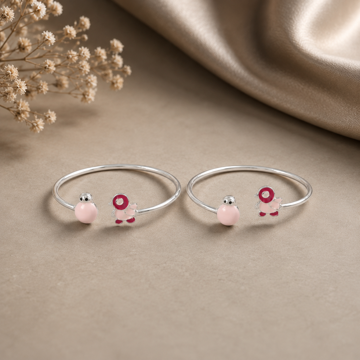 Pink Bird Silver Baby Bangles