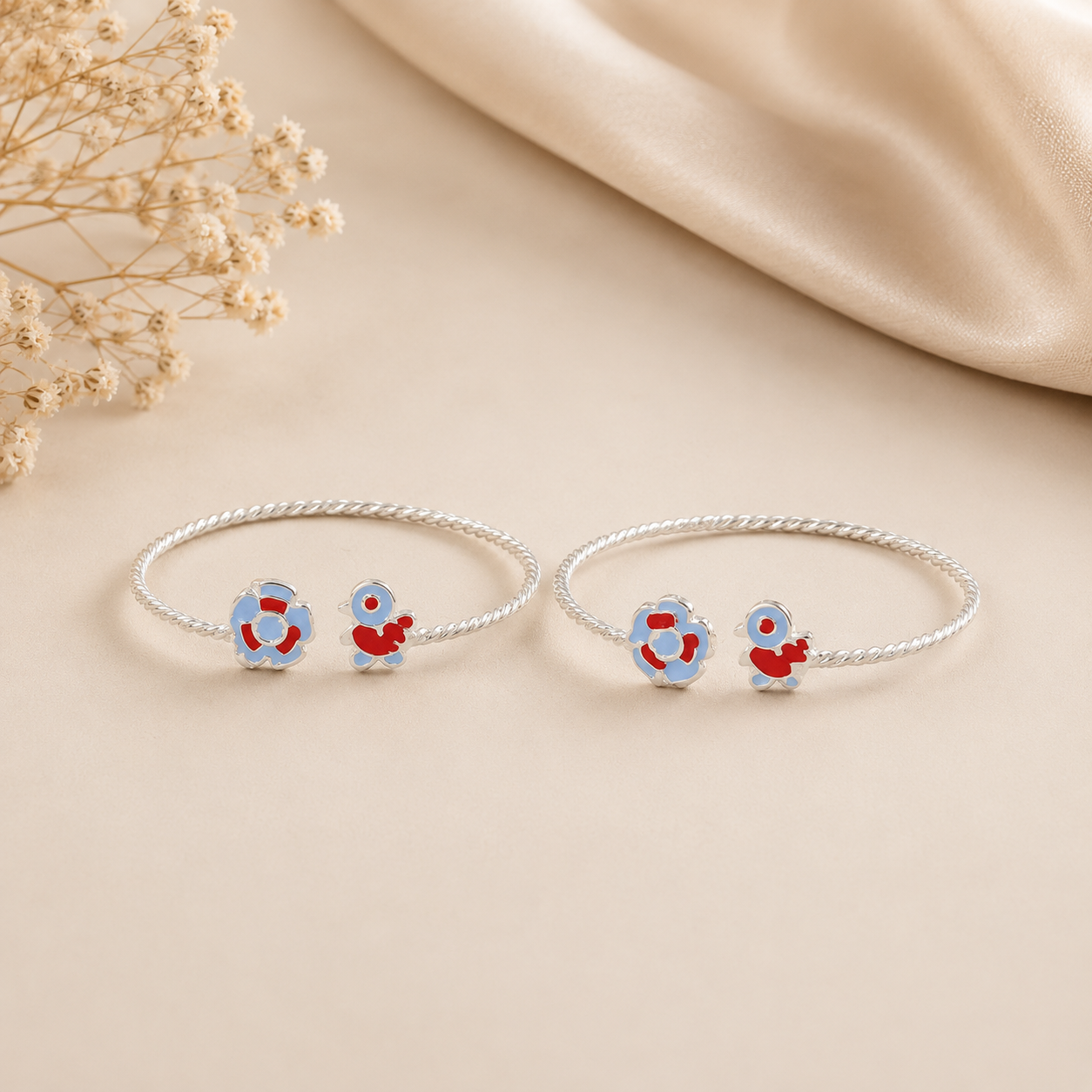 Floral Bird Charm Silver Baby Bangles