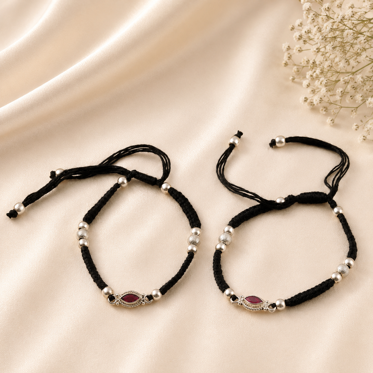 Ruby Black Thread Silver Anklets