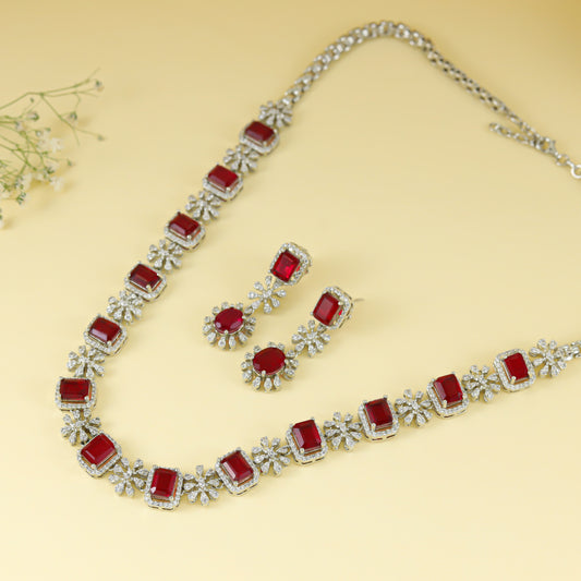 Pretty Red and White Silver Necklace Set with Swarovski Zirconia