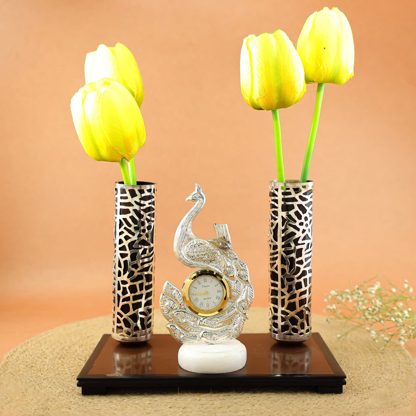 Antique Peacock Silver Table Clock