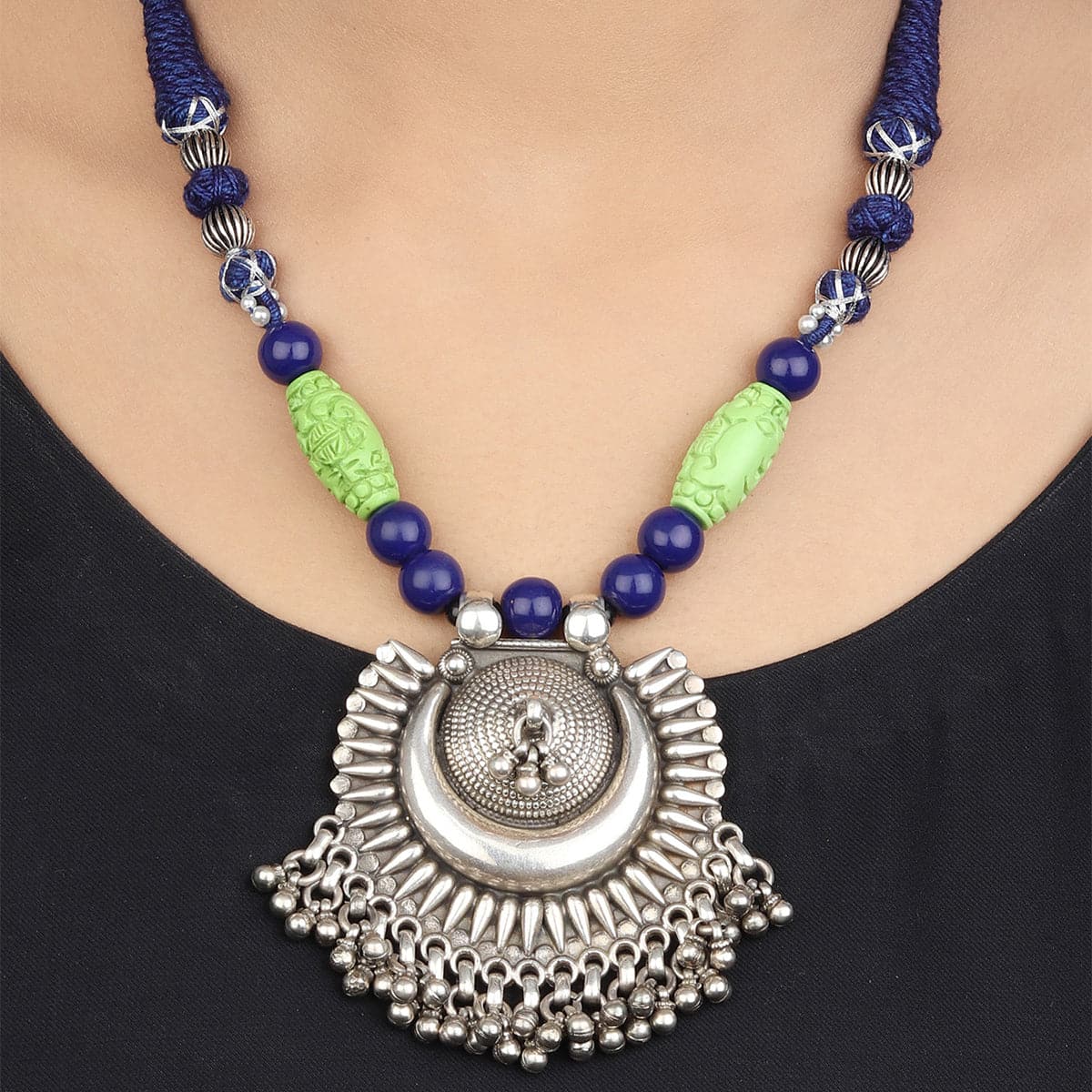 Arhaana Green-Blue Tribal Silver Necklace