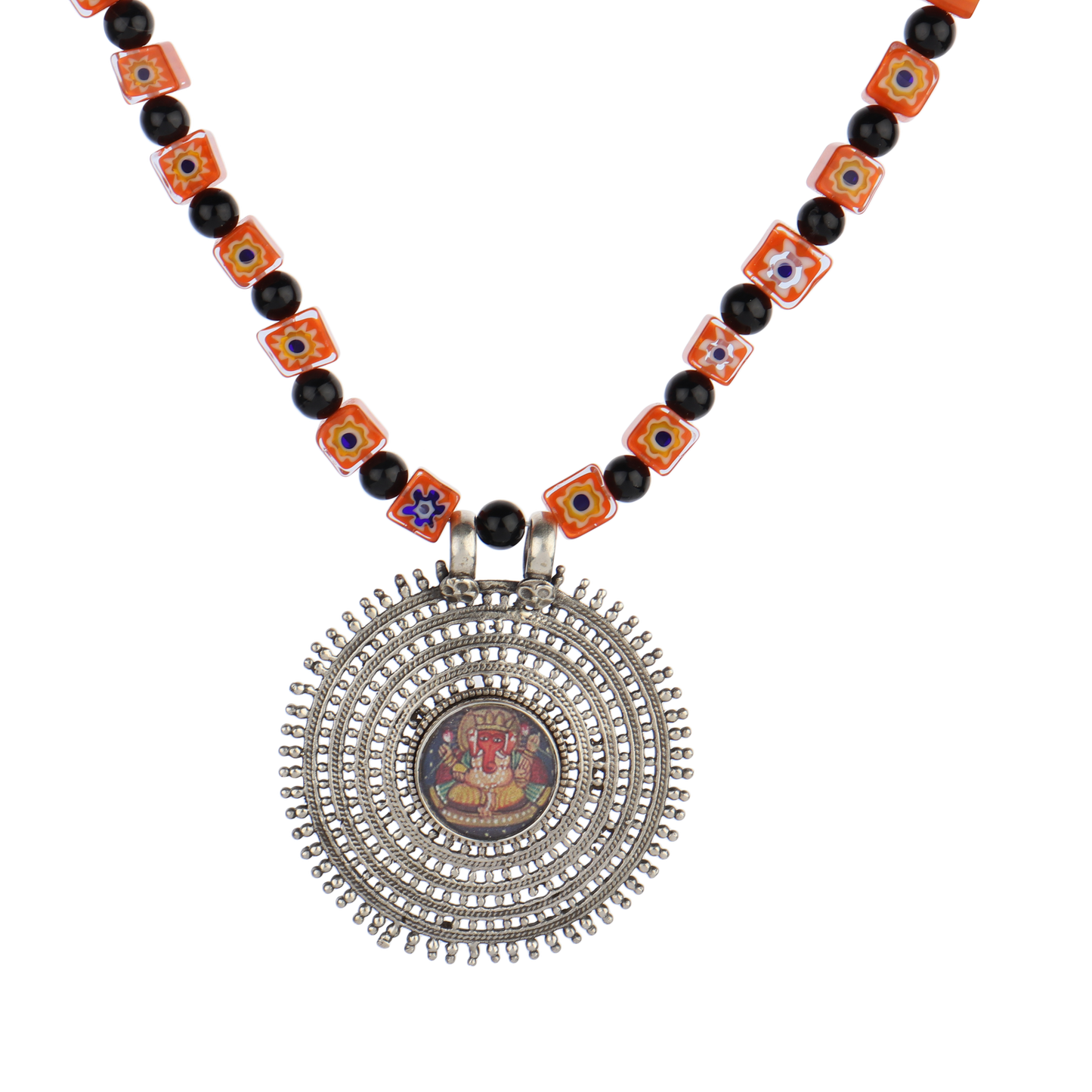 Vedika Black and Coral Beaded Rawa Silver Necklace With Lord Ganesha