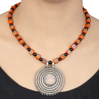 Vedika Black and Coral Beaded Rawa Silver Necklace With Lord Ganesha