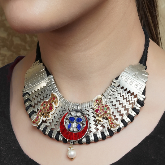 Abhitha Silver Necklace With Peacock Motif