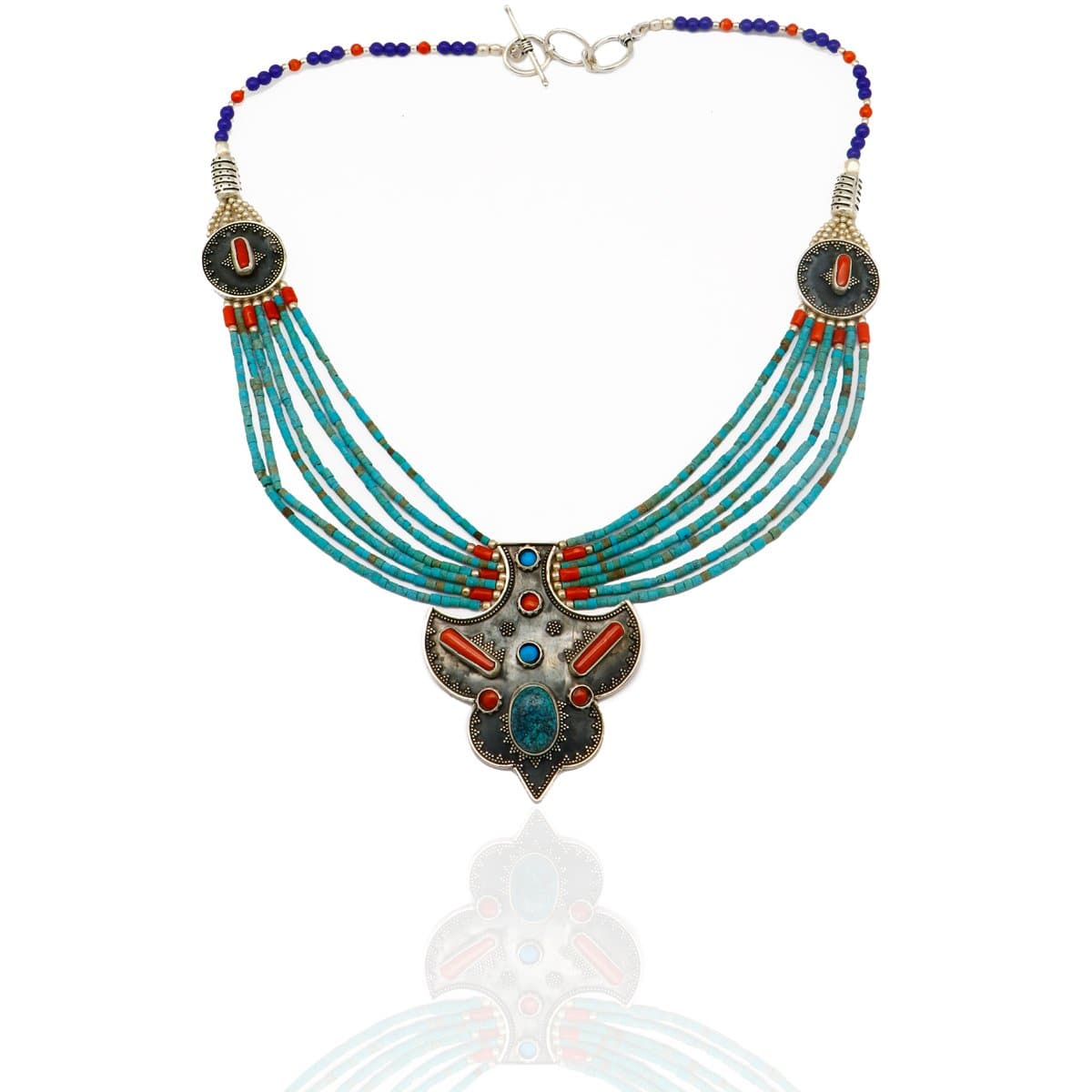 Turquoise-Orange Beaded Tribal Silver Necklace