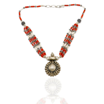 Coral Beaded Tribal Silver Necklace
