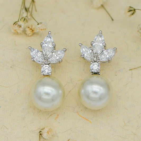 Round Pearl Drop Silver Earrings with Swarovski Leaves
