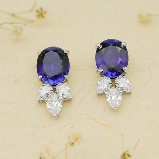 Tinted Blue Oval Silver Earrings with Swarovski Zirconia