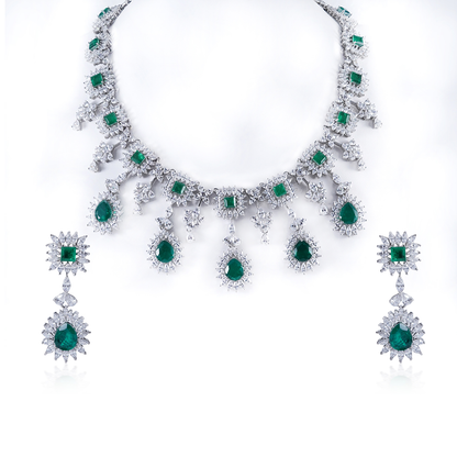 Glorious Green And White Silver Necklace Set with Swarovski Zirconia