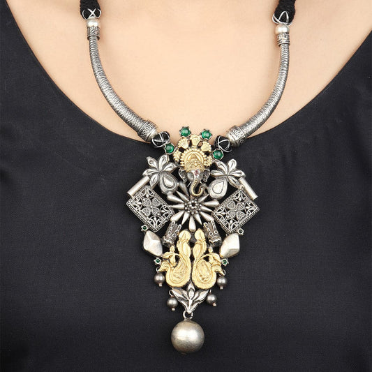 Raina Deity Motif With Dual Tone Silver Necklace