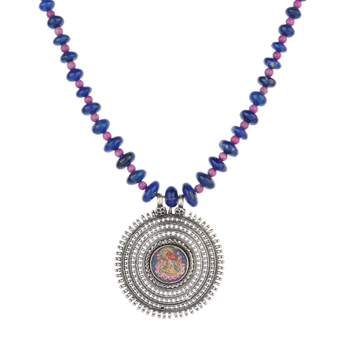 Alicia Blue-Pink Beaded Silver Necklace With Lord Ganesha