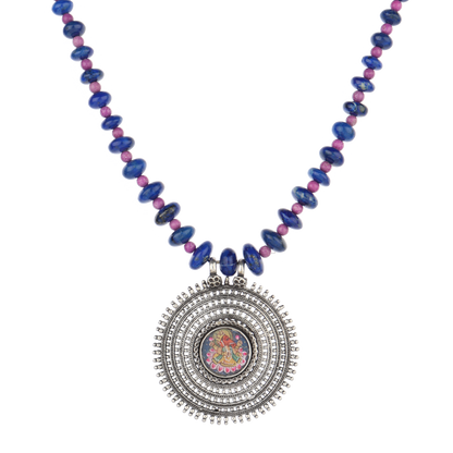 Alicia Blue-Pink Beaded Silver Necklace With Lord Ganesha