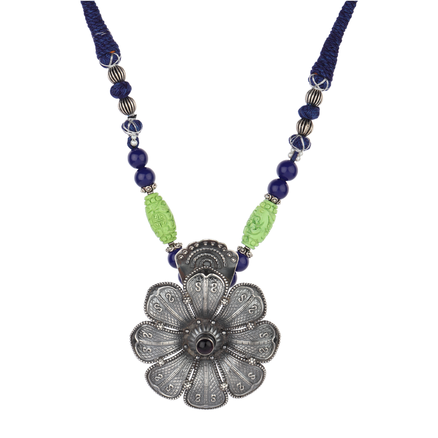 Aashita Green-Blue Tribal Silver Necklace With Floral Design